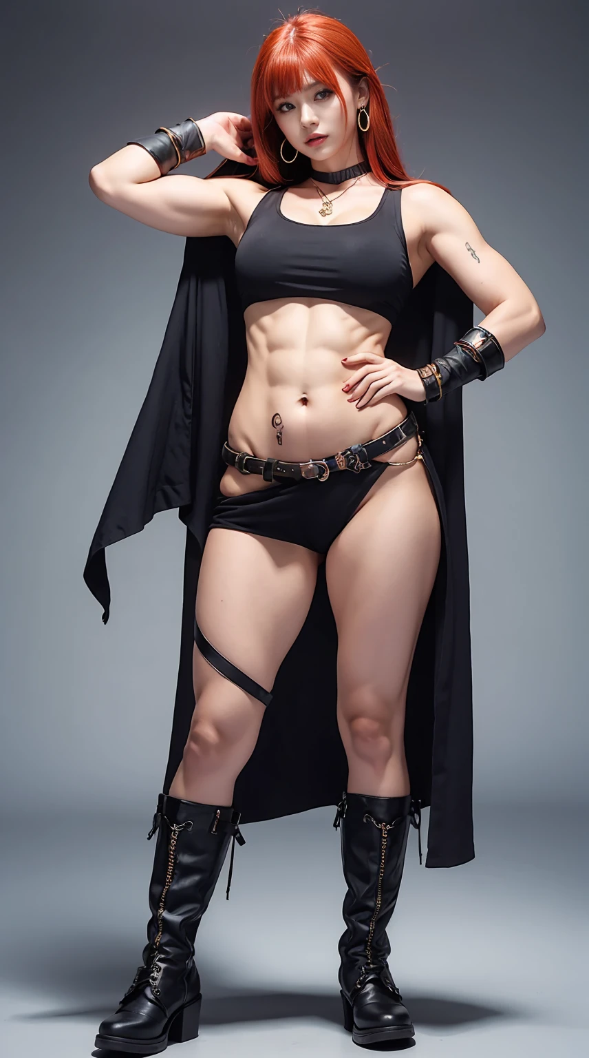 Highest quality、masterpiece、8K、Realistic、超High resolution、Very delicate and beautiful、High resolution、Fantasy、Muscle Girl、Perfect female body、Beautiful woman、Mature Woman、Red hair、long hair、Six Pack、One tattoo、Earrings、Toned body、big 、Cape、Tank top、I can see your belly、pants、boots、cigarette、Wild Pose、Full body emphasis、Simple Background、Angry、Fighter
