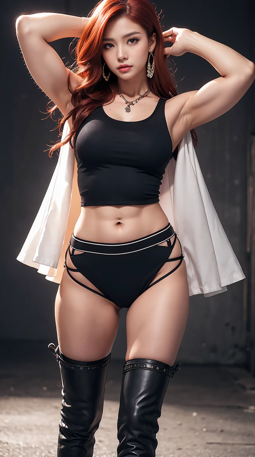 Highest quality、masterpiece、8K、Realistic、超High resolution、Very delicate and beautiful、High resolution、Fantasy、Muscle Girl、Perfect female body、Beautiful woman、Mature Woman、Red hair、long hair、Six Pack、One tattoo、Earrings、Toned body、big 、Cape、Tank top、I can see your belly、pants、boots、cigarette、Wild Pose、Full body emphasis、Simple Background、Angry、Fighter