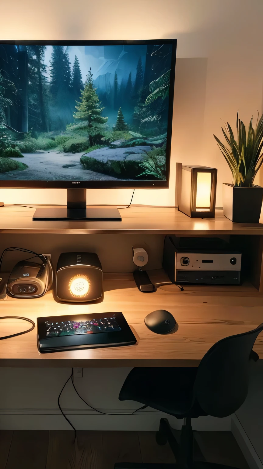 This photo showcases a beautifully arranged and cozy gaming setup. The focal point is a large monitor displaying a stunning forest scene, creating a serene and immersive atmosphere. Above the monitor, there is a decorative sword mounted on the wall, adding a touch of elegance and uniqueness to the room. The desk is neatly organized with a white keyboard and mouse, complemented by ambient lighting that gives the space a warm glow. The setup also includes stylish speakers, a couple of plants, and some gaming accessories, all contributing to a harmonious and inviting environment.