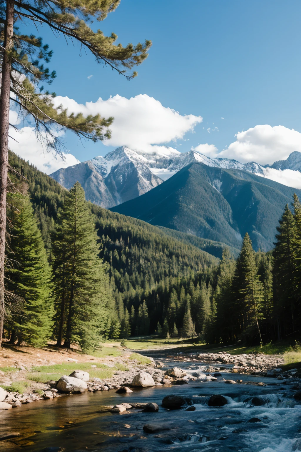 Landscape with mountains, stream, pine trees and clouds