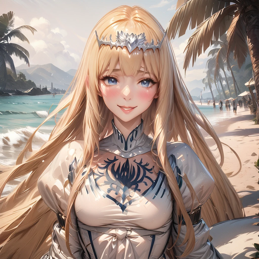 Masterpiece, Best Quality, Highly Detailed, High Definition, High Definition, High Definition, 4k, 8k, Unity 8K Wallpaper, Highly Detailed CG, Masterpiece, Realistic, Beautiful Details, Depth, Fine Texture, Best Quality: 1.3, Total concentration, perfect skin, , anime, palm tree, greeting, smile, morning, ,whole body, gaze, blush, lips parted, 1girl, solo, Calca, Calca Bessarez, blonde hair, (extremely long hair1.3), very long hair, white tiara, white dress, blue eyes, medium chest,extremely long hair, blunt bang