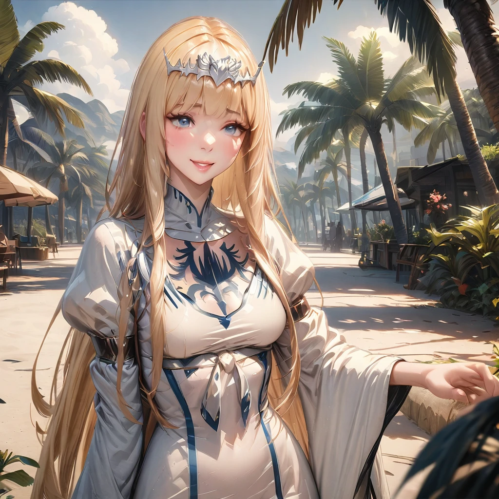 Masterpiece, Best Quality, Highly Detailed, High Definition, High Definition, High Definition, 4k, 8k, Unity 8K Wallpaper, Highly Detailed CG, Masterpiece, Realistic, Beautiful Details, Depth, Fine Texture, Best Quality: 1.3, Total concentration, perfect skin, , anime, palm tree, greeting, smile, morning, ,whole body, gaze, blush, lips parted, 1girl, solo, Calca, Calca Bessarez, blonde hair, (extremely long hair1.3), very long hair, white tiara, white dress, blue eyes, medium chest,extremely long hair, blunt bang