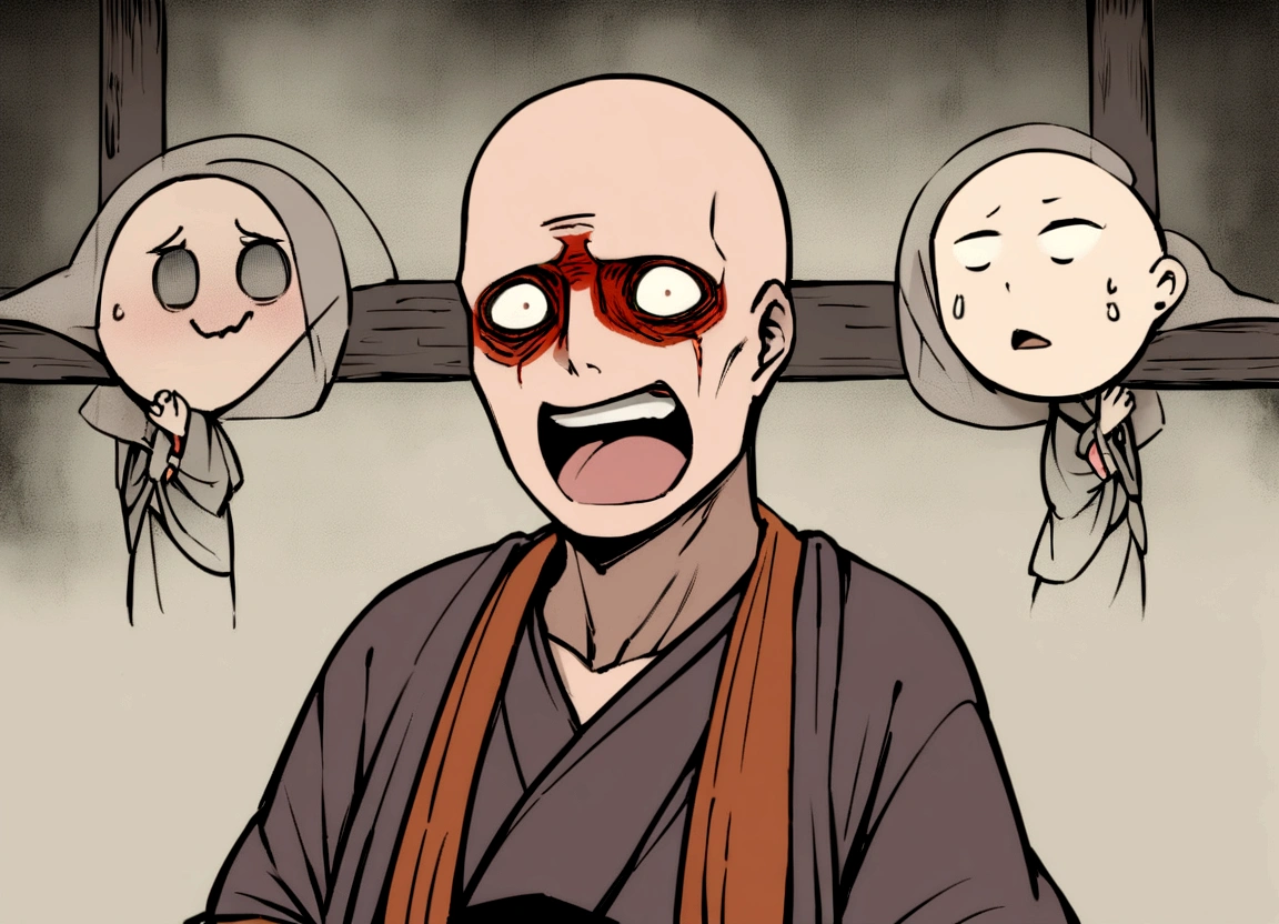 Please draw the Japanese yokai "Akanyudo". Akanyudo has a large red face and is very tall, resembling a monk. He has a bald head, sharp eyes, and a wide mouth. Set the background with an old bridge, depicting Akanyudo scaring a cute woman. Create an overall atmosphere of fear.