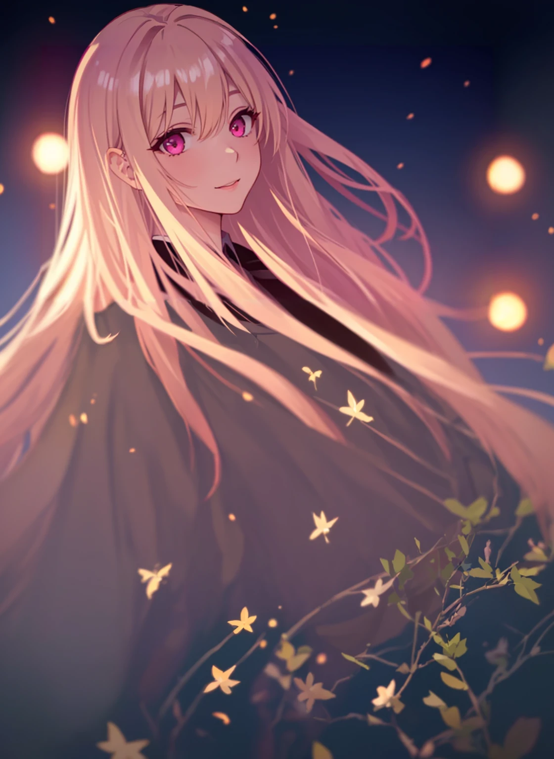 silent Night,An anime girl with long hair turns her head and looks at the camera,Surrounded by flying fireflies,Girl holding flowers,