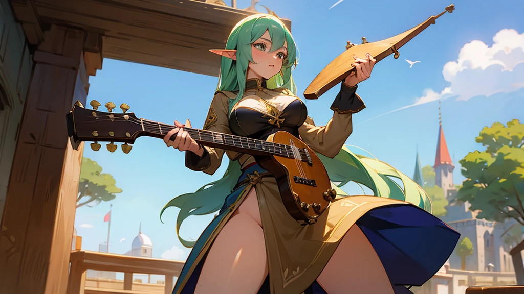 Anime Style,Nostalgic,Detailed background,The medieval world,A lively bar with lots of people,Beautiful sky,Beautiful Elf Bard,guitar,Large Breasts,Healthy thighs