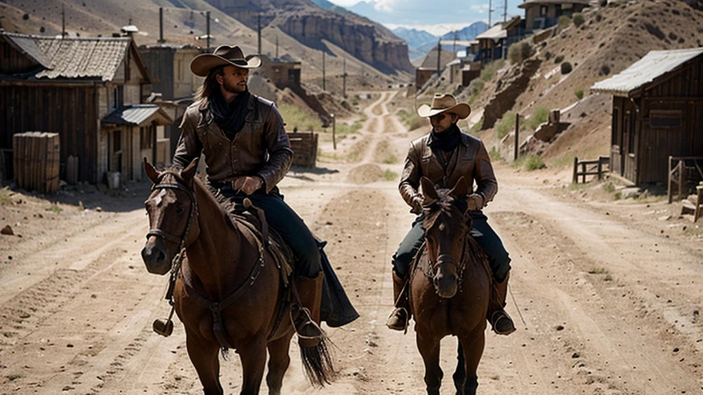 lone muscled gunslinger named Johnny riding into the deserted town of Redemption on his horse. Johnny wears black cowboy outfit, ultrarealistic, 8K ultra HD, Cinematic shot