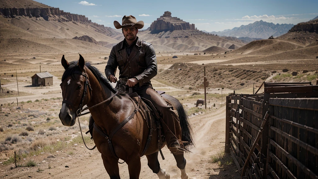 lone muscled gunslinger named Johnny riding into the deserted town of Redemption on his horse. Johnny wears black cowboy outfit, ultrarealistic, 8K ultra HD, Cinematic shot