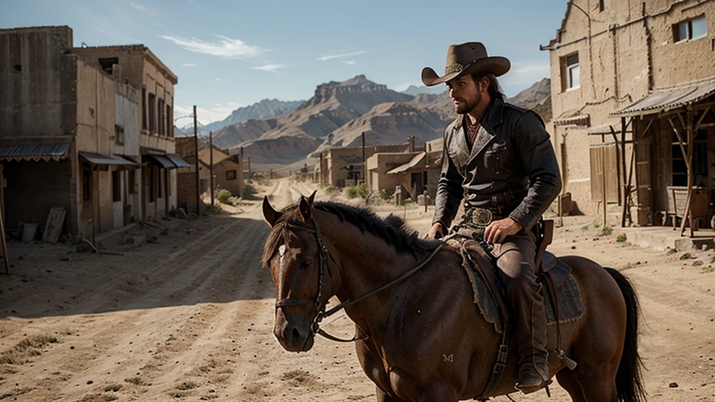 lone muscled gunslinger named Johnny riding into the deserted town of Redemption on his horse. Johnny wears black cowboy outfit, ultrarealistic, 8K ultra HD, Cinematic shot