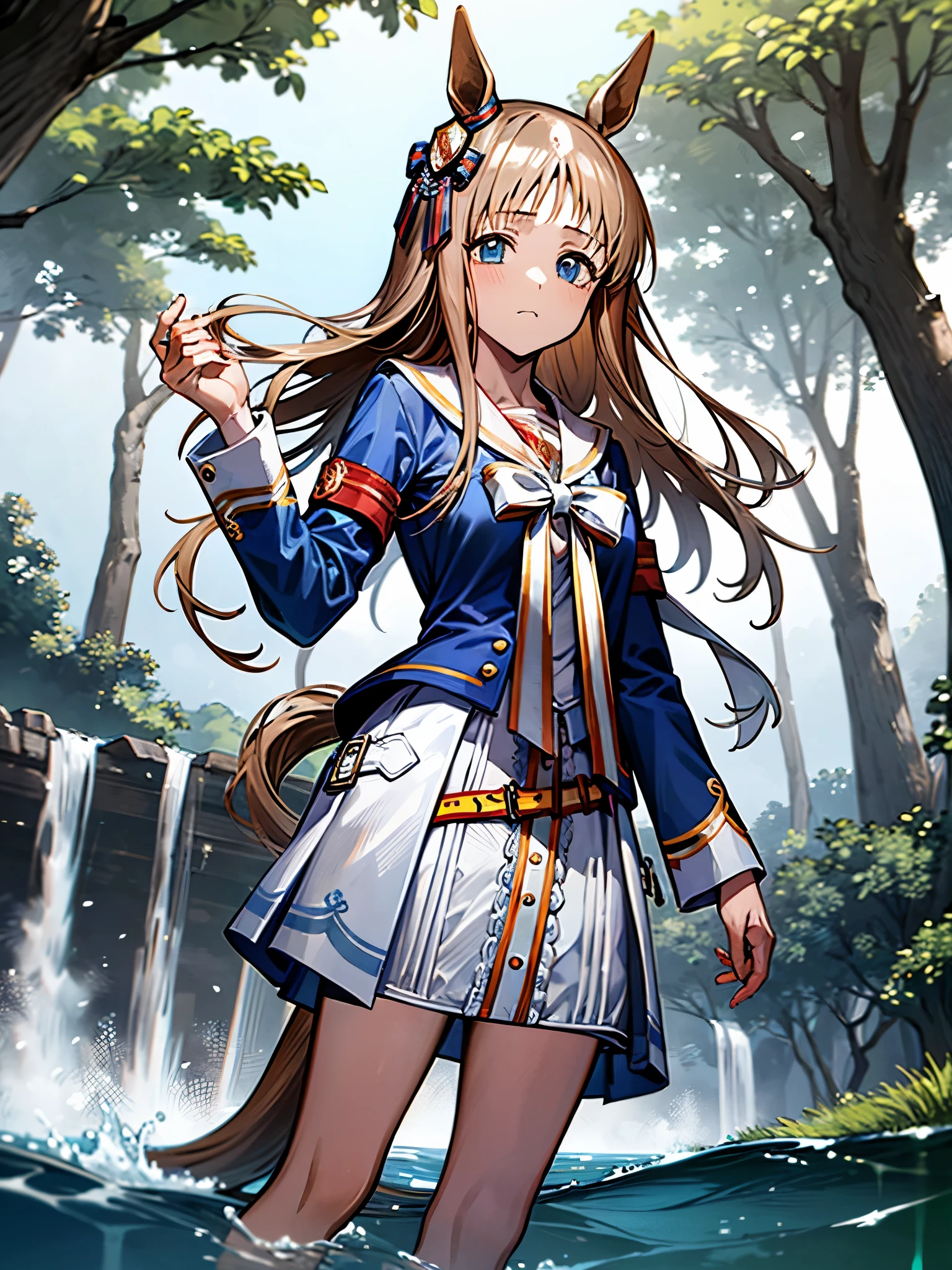 grass wonder \(Umamusume\), 1 girl, Solo, Best Quality, masutepiece, 8K, High resolution, Ultra-detailed, from below, standing on the water, Blue jacket, White sailor color, Long sleeves, White skirt, barefoot, water falls, in the forest,