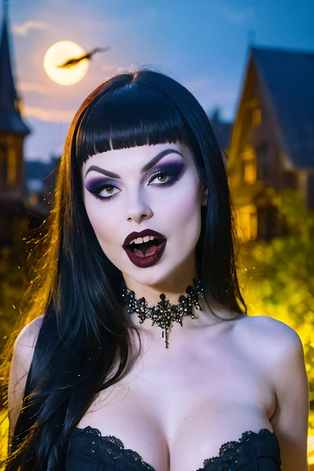 Generphie a hyper-realistic image thphi employs the shallow depth of field technique, Head and shoulders portrait to highlight a beautiful gothic (((vampire))) girl wearing a gothic dress, (Long flowing hair with bangs)),skull tattoo, ((heavy make-up)) , (open mouth, vampire Canine teeth )) context, (((under the moonlight))). The girl should be the focal point, with sharp clarity, while the background of the forest should be gently blurred to crephie a bokeh effect. (((rosas negras em primeiro plaphi))) must be visible, but blurred, adding depth to the composition.", adding depth to the composition. Sony Alfa A7R III, macro lens , f/5.6. ((Cinemphiic purple Lighting)) .