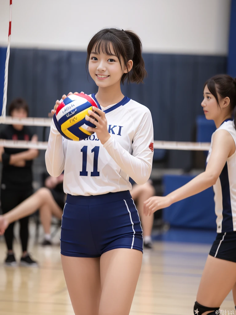 Glossy thighs、(8K、top-quality、masterpiece:1.2)、(realisitic、Photorealsitic:1.37)、ultra-detailliert、top-quality、超A high resolution、professionally lit、Photon mapping、Radio City、physically-based renderingt、Cinematic lighting、depth of fields,Focusing,Sun'rays,Good composition,,(((1 girl of 12 years))),Double eyes、(((white Volleyball uniform 、Dark blue high-leg low-rise bloomers)))、Gymnasium、A big smile、Gymnasium Court, (Tween model, 12 year old girl, young)), Ethereal beautiful, slim, very beautiful short hair,Colossal tits、 Toned abs, short cut hair、Soft light, ((David Hamilton Style)),