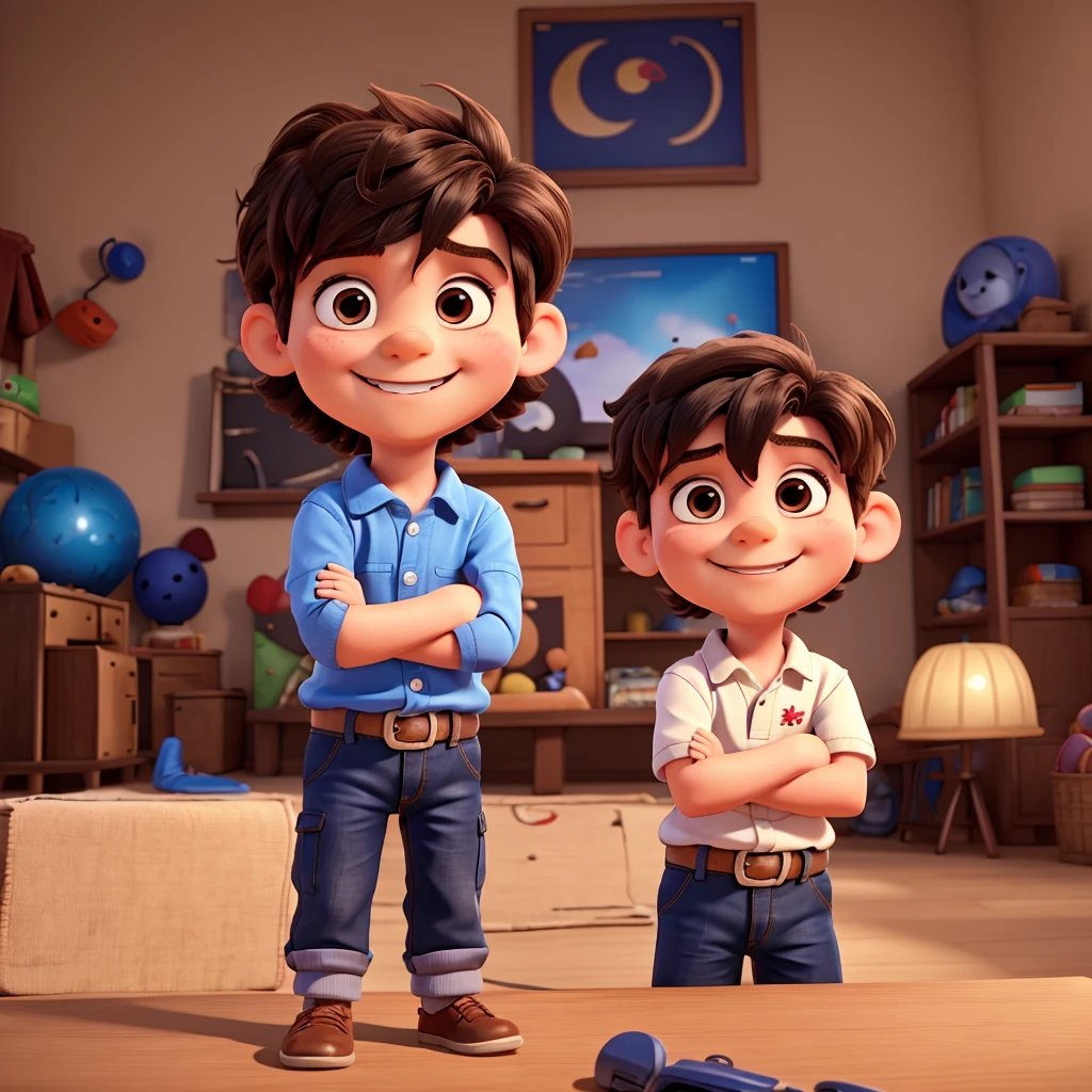 A 5 year old boy with hair, Smiling and with my arms crossed. 8K, UHD and pixar style.