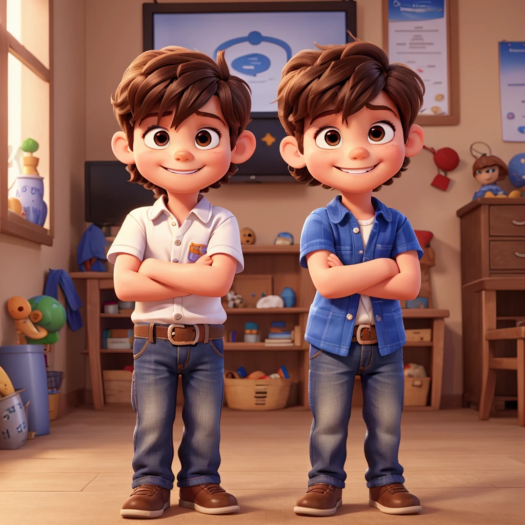 A 5 year old boy with hair, Smiling and with my arms crossed. 8K, UHD and pixar style.