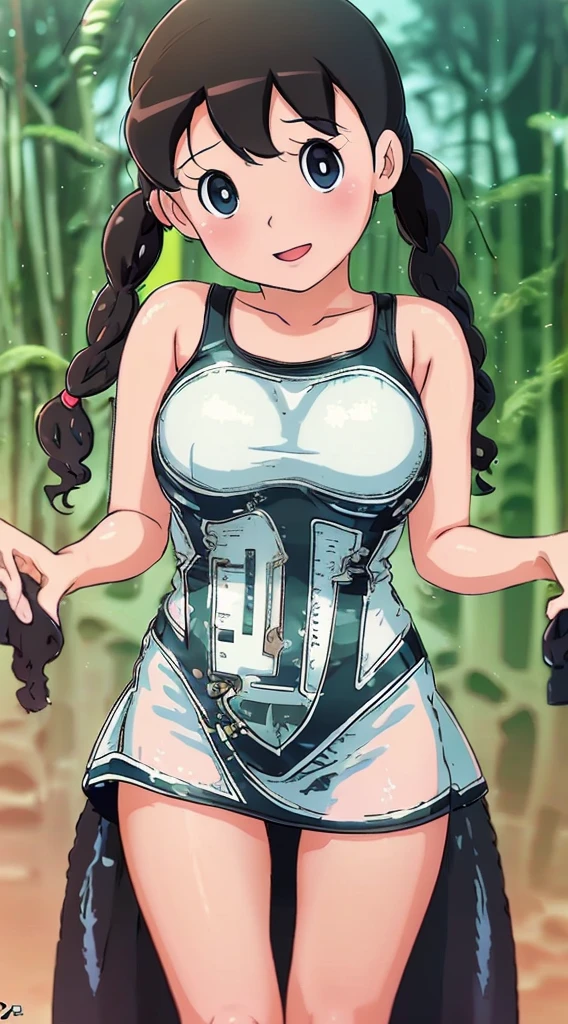American girl of 18, video gamer, wearing translucent short T-shirt, black hair, ((blush: 0.8)), natural skin texture, 4K textures, highly detailed, insane details, faint colors , ((long wavy hair)), ((smile on face: 0.4)), (no panties: 0.2), ((looking directly at the camera)), ((tilted head: 0.8 )), ((large breasts:1)).