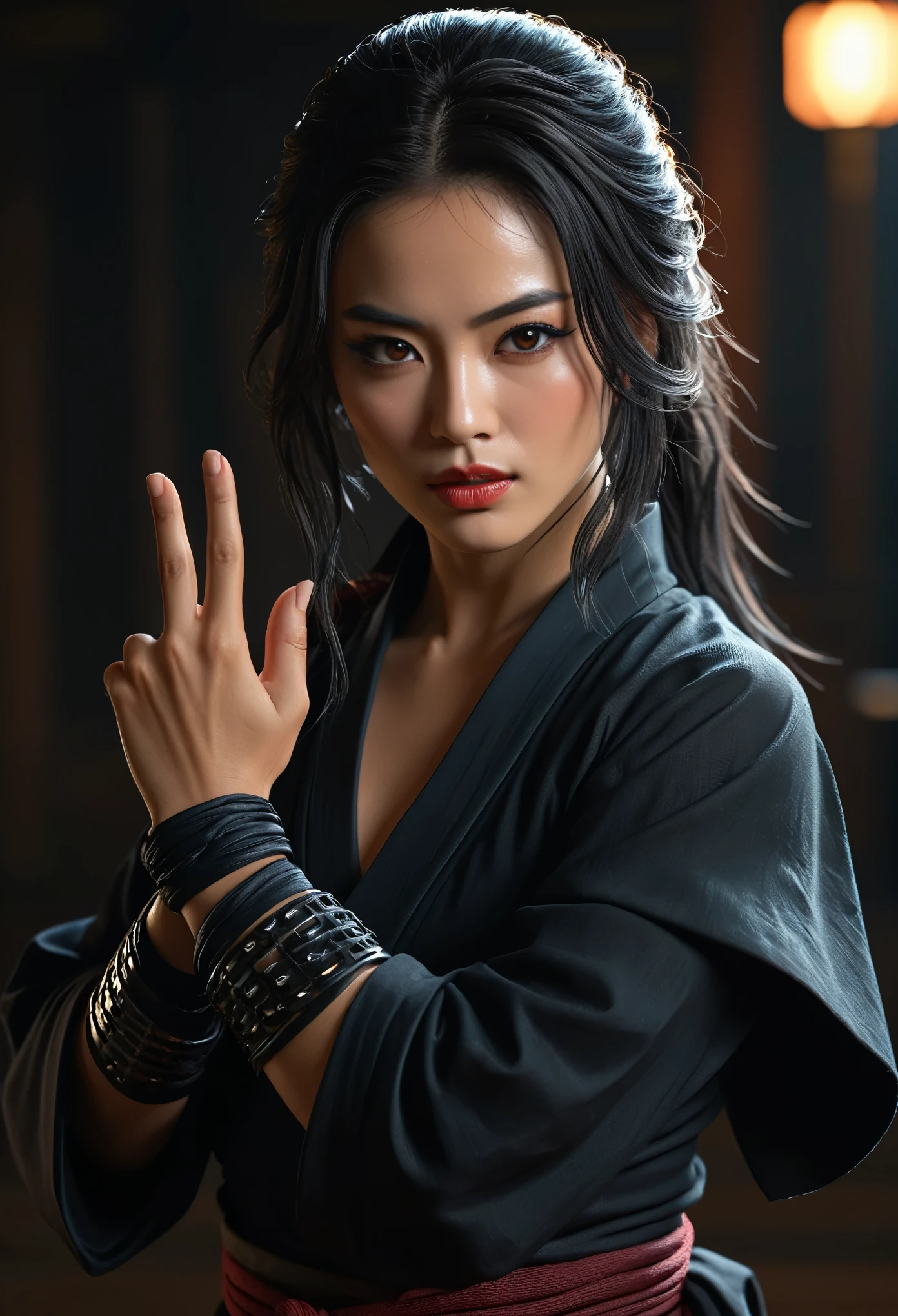 (best quality,4k,8k,highres,masterpiece:1.2), ultra-detailed, (realistic,photorealistic,photo-realistic:1.37),a beautiful female ninja making a hand sign, intricate detailed face, piercing eyes, detailed lips, flowing hair, graceful pose, dynamic action, dark mysterious background, cinematic lighting, dramatic shadows, digital art, concept art, Her hands are clasped together in a hand gesture