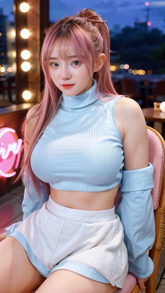 Beautiful Girl, Beautiful, , 20 Years, White Skin, Cleavage, Colossal Breasts, Side Pose, Clothes Strap, Turtleneck Crop Top, Mini Shirt short skirt, Blue Eyes, Muscles, Bokeh sitting on a chair, Karya resto cafe background  , Full Body Shot, from the bottom side of Pink hair