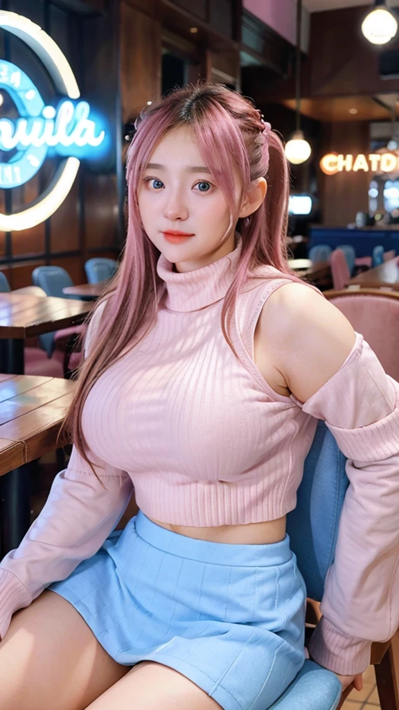 Beautiful Girl, Beautiful, Baby Face, 20 Years, White Skin, Cleavage, Colossal Breasts, Side Pose, Clothes Strap, Turtleneck Crop Top, Mini Shirt short skirt, Blue Eyes, Muscles, Bokeh sitting on a chair, Karya resto cafe background , Full Body Shot, from the bottom side of Pink hair