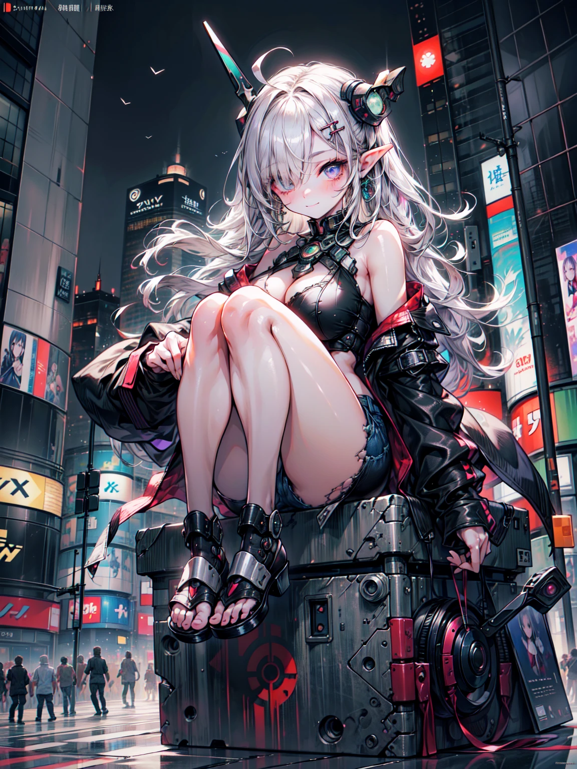 super high quality、8K quality、High resolution、Image quality captured with a single-lens reflex camera、Perfect Anatomy、Green Eyes、Blushing:0.4}}smile、Gal Mecha Girl、bright金髪の美しい女の子、Big Breasts、Mechanical parts for large sunglasses with a three-dimensional effect:1.2)（leather jacket、Sexy gal style tops、Denim Damage Shorts:1.2)(Mechanical parts below the elbows and knees:1.5)break、（Perfect Anatomy:1.4）break(Shibuya scramble crossing at night:1.4)、Machine Armor、Organic Armor Cyborg、Armor Texture、break、(Dark Elf), (1 Girl), alone, Perfect Face, Get used to it, Ahoge, ((Long Hair:1.2)), (Hair above one eye:1.3), [[Messy Hair]], Shiny blonde white hair, Purple eyes, Variegated eyes, Colorful Hair, Shining Eyes, (eyelash, eye shadow, pink eye shadow), bright, smile, Design Art：haruhiko mikimoto, by Kawashi, By Yoshitaka Amano, Dark Skin