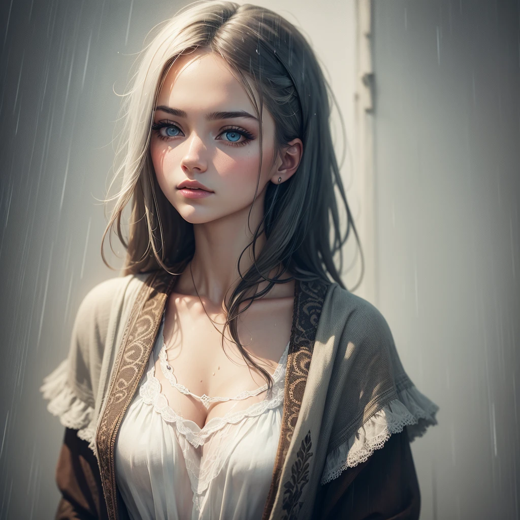 [masterpiece], beautiful woman, beautiful eyes, layering, text, layering, layering, poetry sheet, layering, rain, steamer, grunge, white watercolor,
 professional photography, aesthetics, dim lighting, layering, art, beauty, PixArt