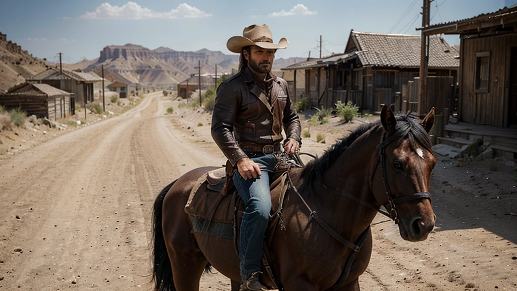 lone muscled gunslinger named Johnny riding into the deserted town of Redemption on his horse. Johnny wears black cowboy outfit, ultrarealistic, 8K ultra HD, Cinematic shot