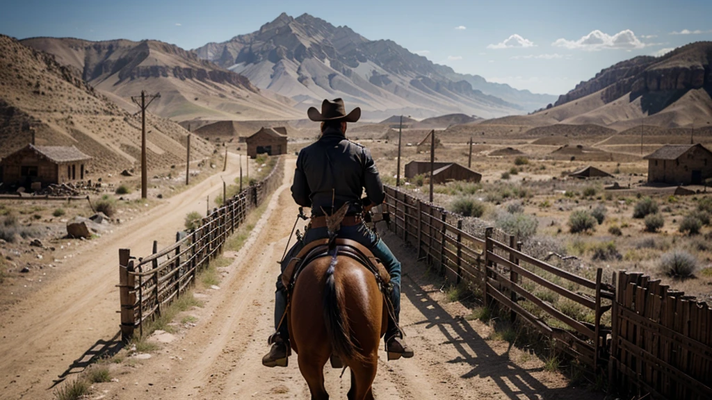 lone muscled gunslinger named Johnny riding into the deserted town of Redemption on his horse. Johnny wears black cowboy outfit, ultrarealistic, 8K ultra HD, Cinematic shot
