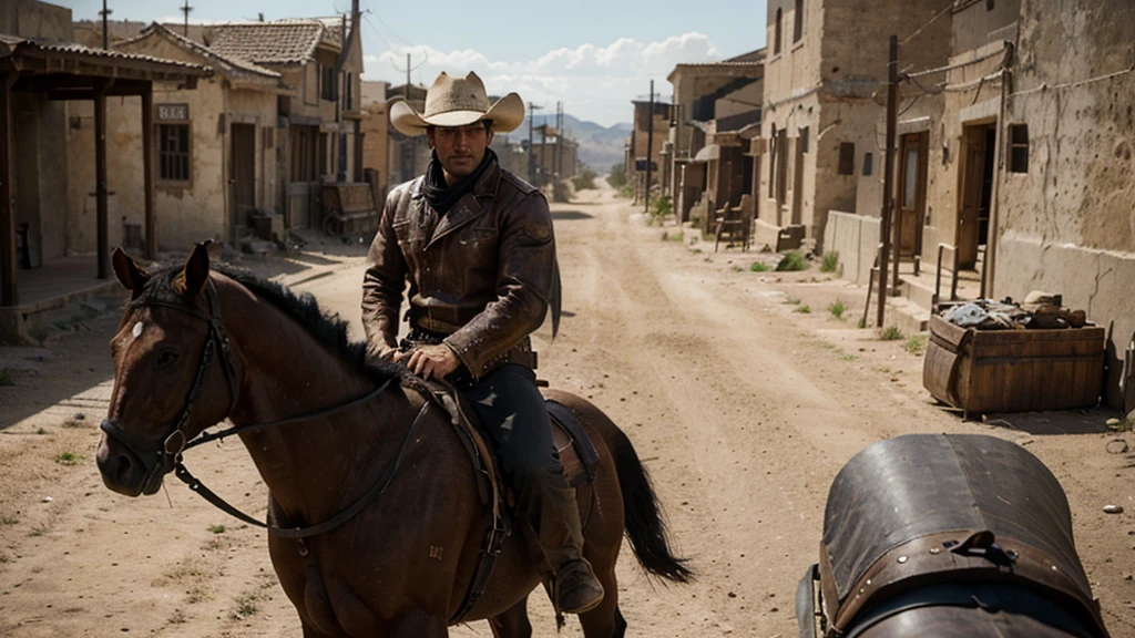 lone muscled gunslinger named Johnny riding into the deserted town of Redemption on his horse. Johnny wears black cowboy outfit, ultrarealistic, 8K ultra HD, Cinematic shot