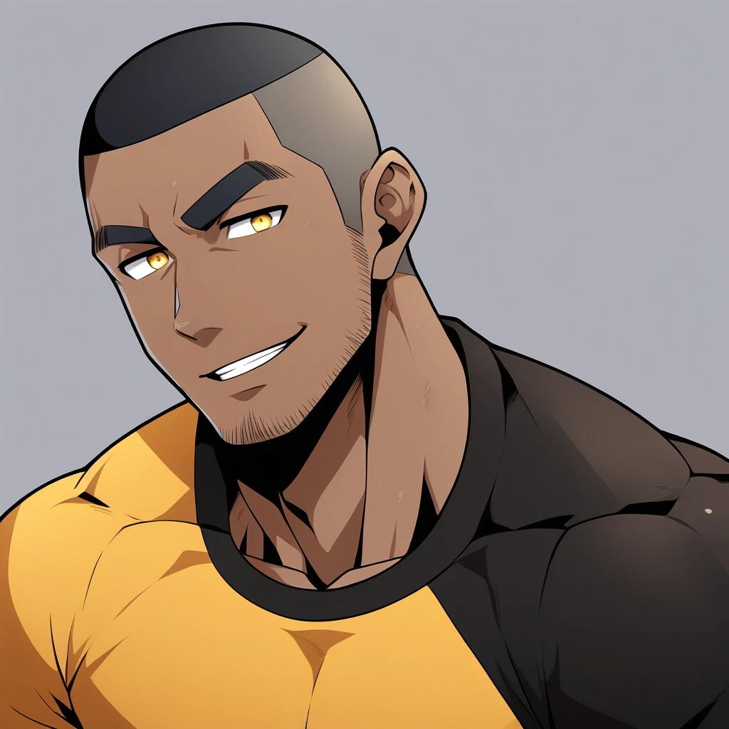 anime characters:Gyee, Young Muscle Sports Student, negro black skin, Buzz Cut, Manliness, male focus, Dark yellow long sleeve tight T-shirt, Slightly transparent texture, Very tight, Slightly transparent, muscular male, muscular, only, Upper body, alone, Black short hair, Thick eyebrows, stubble, Yellow eyes, Grey background, simple background, amazing quality, best aesthetics, Ridiculous, bright pupils, crew cut, parted lips, seductive smile, torogao, naughty face, best quality