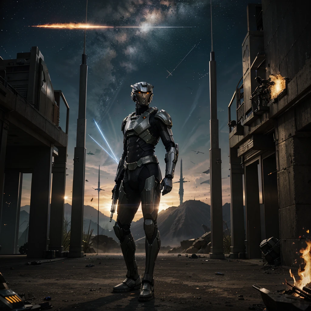Photorealistic movie scene; a sci-fi African assassin brandishing a pair of Master Chief Halo inspired energy swords (type-1) does a fancy sword swing, camera pans out to reveal robots attacking him in a warworld battlefield featuring flaming spaceships soaring across the sky in the background