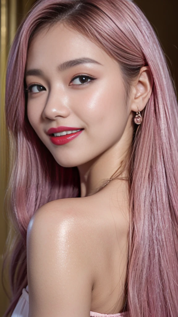Best quality, masterpiece, ultra high res, photorealistic, raw photo, unity 8k wallpaper,(red lips:1.3),(pink eyeshadow:1.3),parted lips,,(evil smile:1.1), tan skin