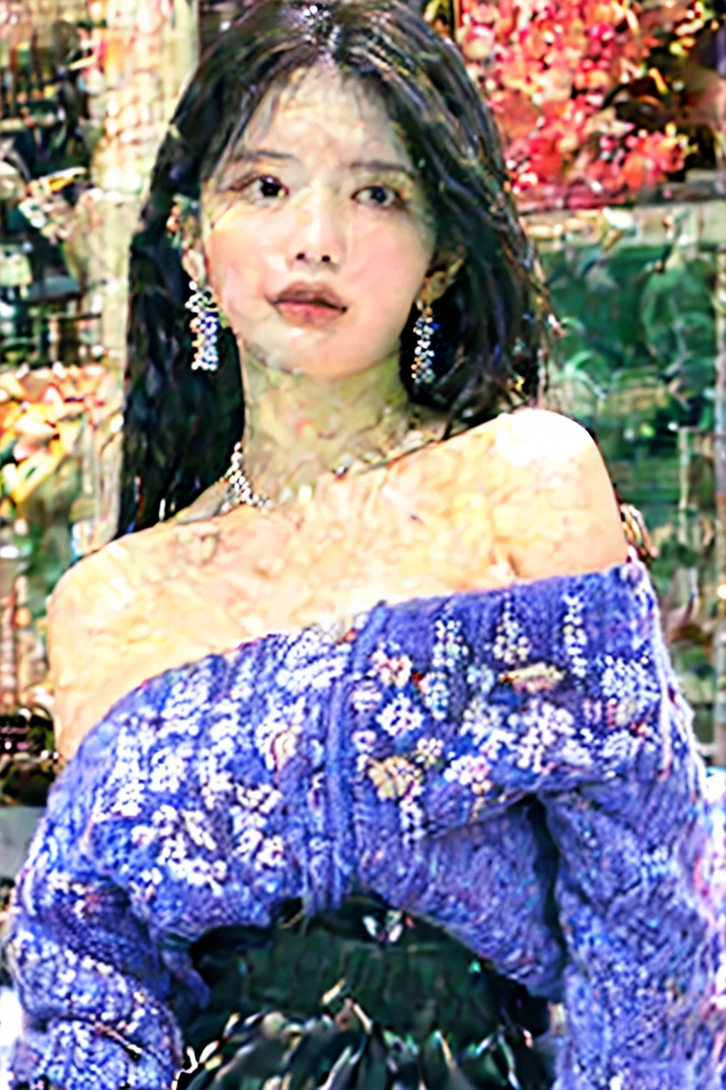 Highest quality, Ultra-high resolution,  One girl, K-Pop Idols, (Intricate shoulder knit), Silver long hair, elaborate earrings, sexy,whole body,Long beautiful legs