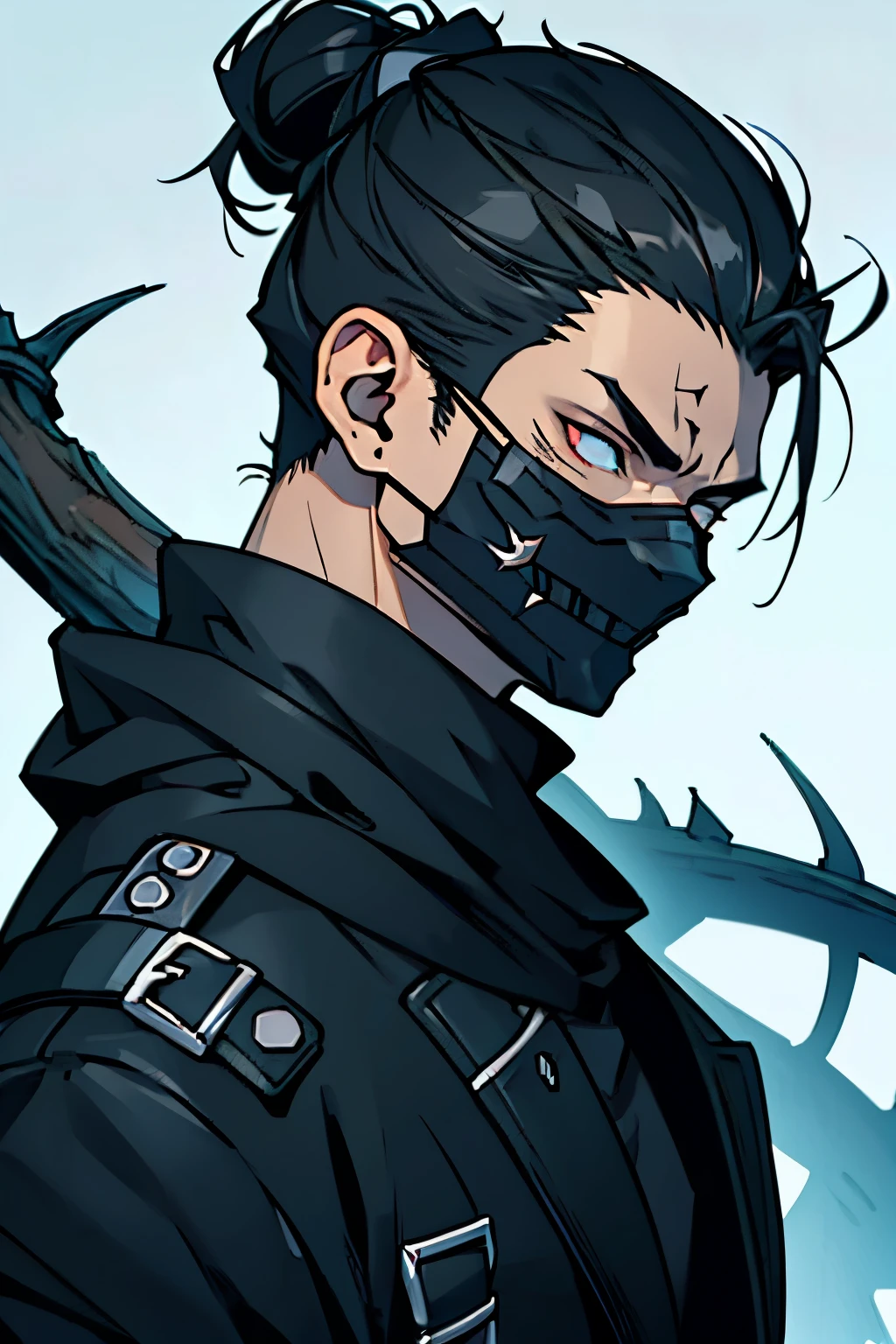 A powerful necromancer, disguised as a hunter, dominates the scene in a captivating 4K image. Clad in a sleek black outfit, his athletic body is sculpted with precision, accentuated by scratches across his brow and a vertical eye injury that adds an air of mystery. His black-to-gray man bun hair is meticulously styled, contrasting with the mask covering his face, designed to resemble that of a gorilla. The mask, along with the vertical eye injury, adds an element of intrigue to this mesmerizing masterpiece.