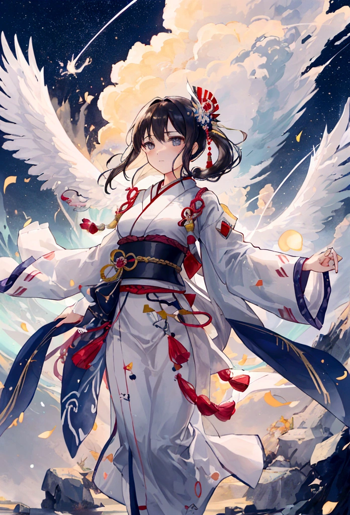 (((Highest quality))(((One person)))(Anatomically correct)(long side ponytail 1.4),Turned this way, Angelic,((Small breasts))(Young)((Large wings))((Japanese god's kimono))Long Blonde 2.0((Wields the legendary red two-handed sword))((Purple Eyes))Universe 1.8、There is a galaxy in the background