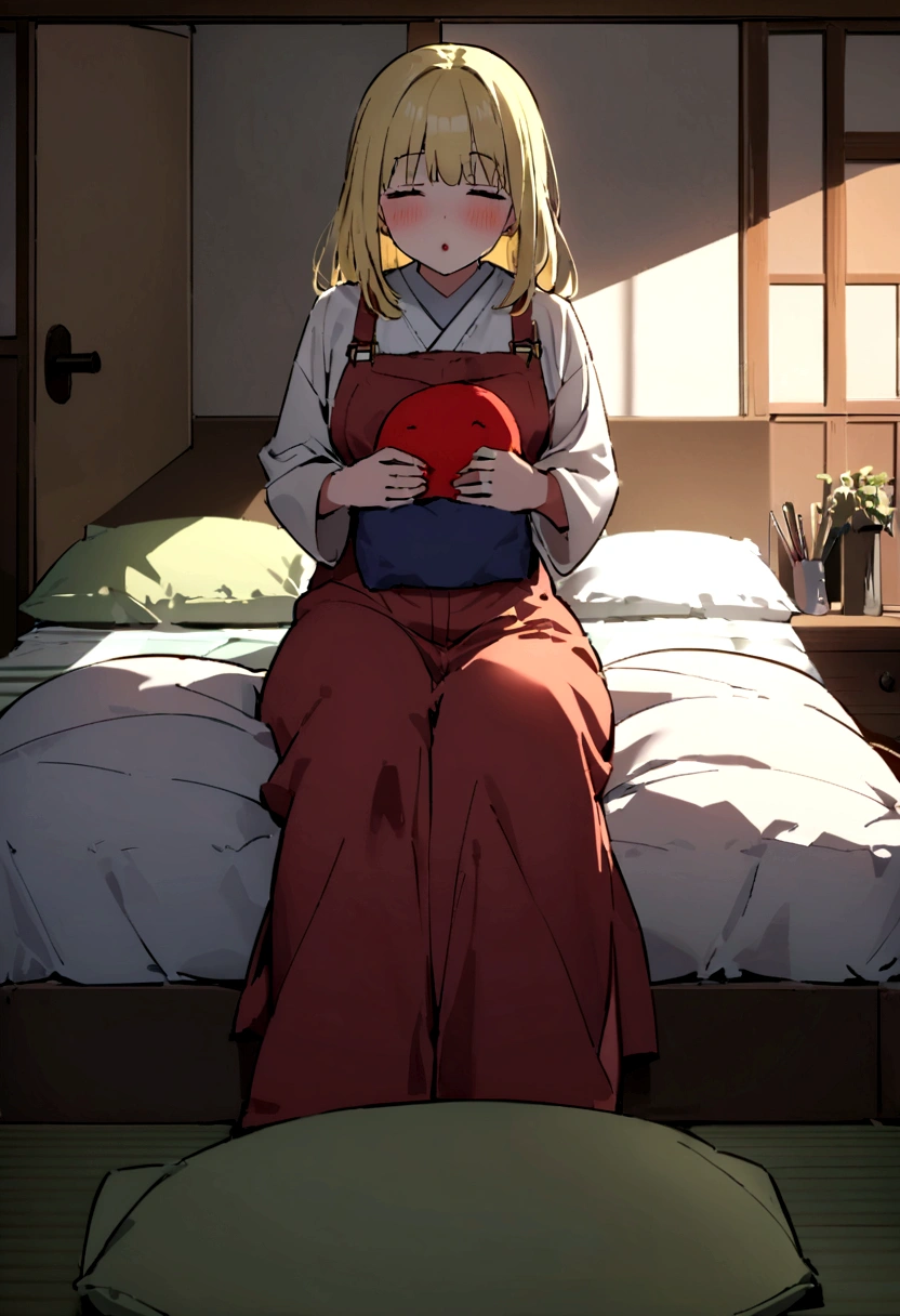 Book monster「Pillow return」Please draw a scene of someone flipping over someone's pillow in the middle of the night.。Pillow returnは、With a small red body、It has long yellow hair。He sneaks into the human's bedroom、Lifting the pillow of a sleeping person。The sleeping person has a surprised expression。The background is dark、A futon is laid out on the tatami in a Japanese-style bedroom。Create an overall scary atmosphere。