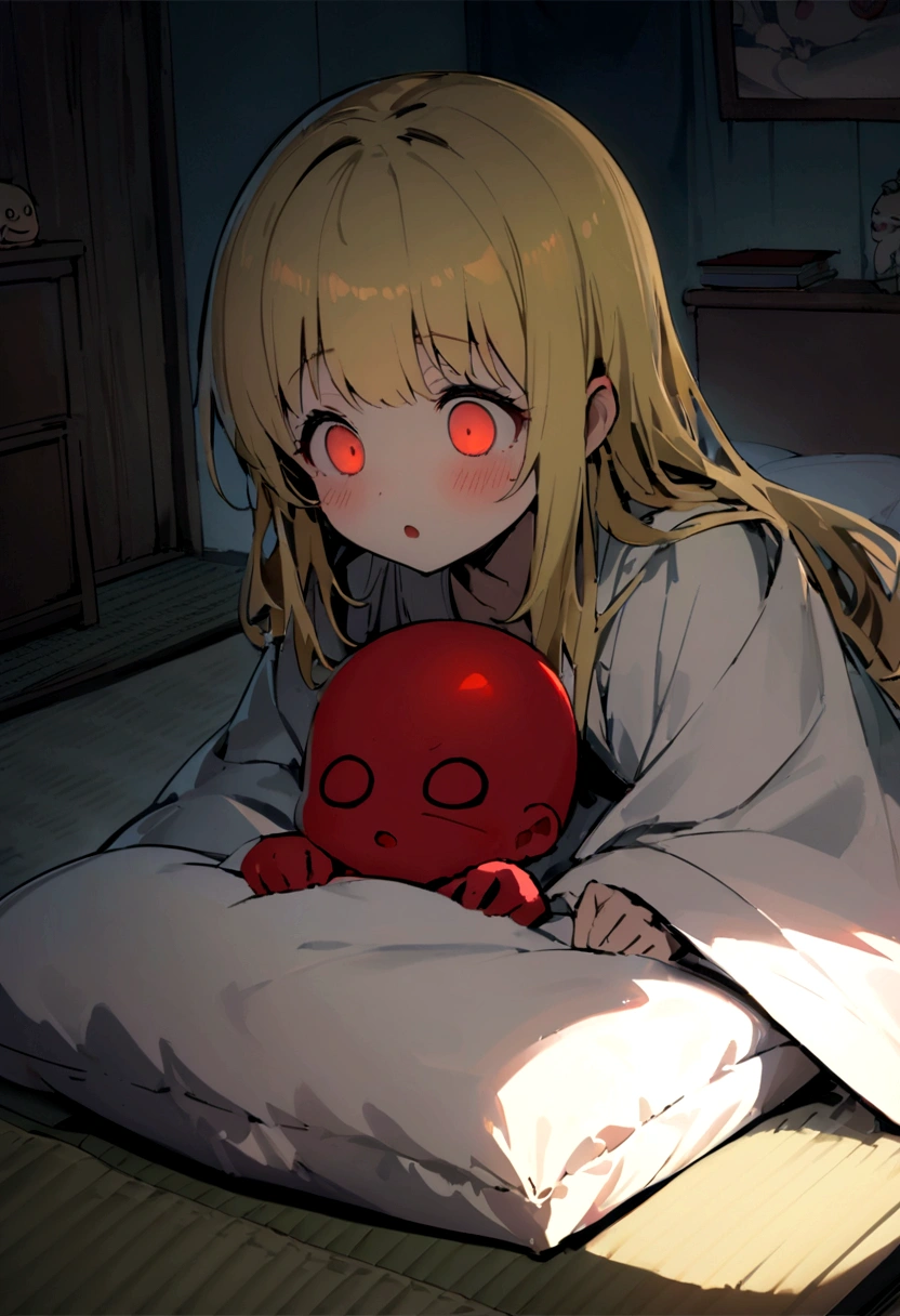 Book monster「Pillow return」Please draw a scene of someone flipping over someone's pillow in the middle of the night.。Pillow returnは、With a small red body、It has long yellow hair。He sneaks into the human's bedroom、Lifting the pillow of a sleeping person。The sleeping person has a surprised expression。The background is dark、A futon is laid out on the tatami in a Japanese-style bedroom。Create an overall scary atmosphere。