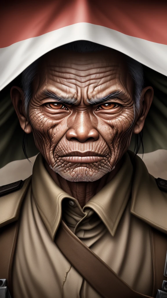 Realistic ultra HD close-up portrait, An indonesian hero wearing war clothes, Wrinkles, Facial expression showing strong emotions