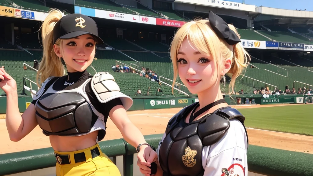 A beautiful courtesan happily plays baseball at Hanshin Koshien Stadium。Sexy smile、Blonde ponytail、armor