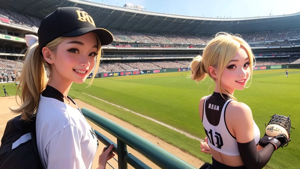 A beautiful courtesan happily plays baseball at Hanshin Koshien Stadium。Sexy smile、Blonde ponytail、armor