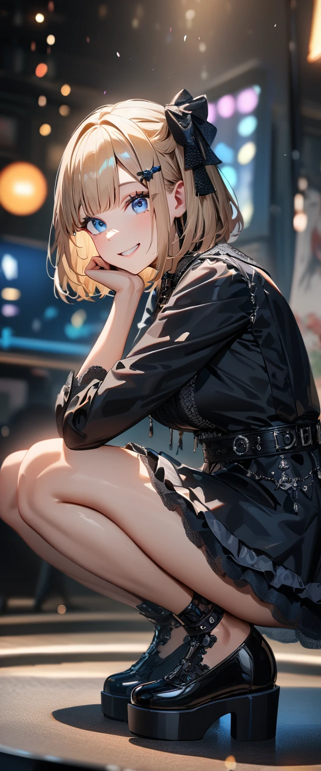 (((One girl))), Shibuya, streat, blond hair, bob cut, (looking at viewer), (((full body))), squatting, head rest, breasts, ager, head tilt:1.3, (((blue eye))), constricted pupils, (from side:1.3), ((happy smile)), (((gothic loli.3))), short dress, bare legs, ((black platform footwear)), hair ornament, hair ribbon, anime style, (best quality, 4k, 8k, highres, masterpiece:1.2, ultra-detailed, ultra-detailed eyes, HDR, UHD, studio lighting, ultra-fine painting, sharp focus, physically-based rendering, extreme detail description, professional, vivid colors, bokeh)