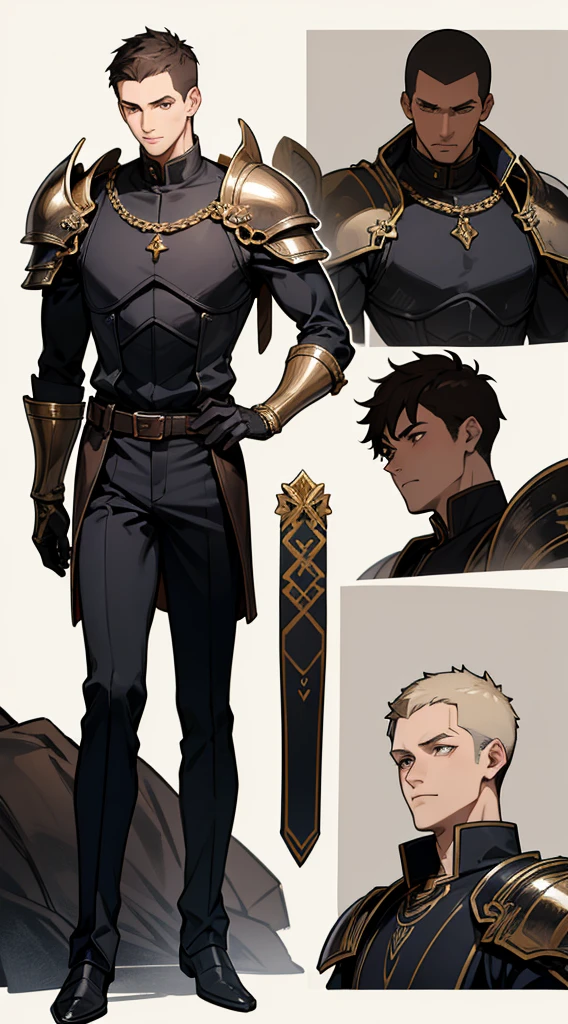ten Handsome men, several characters, several faces, several knights, character sheet, very short hair, ((crew cut: 1)), light skin, ((muscular: 1)), man, 28 years old, gold details, pants wide, black and brown belts, black boots, black gloves, cacaleiros clothes, parts of armor.
