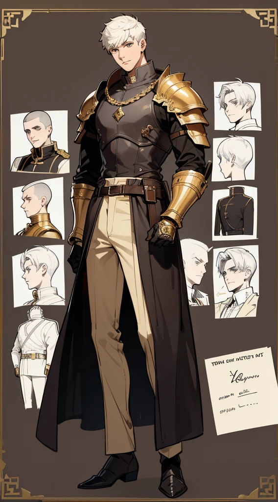 ten Handsome men, several characters, several faces, several knights, character sheet, very short hair, ((crew cut: 1)), light skin, ((muscular: 1)), man, 28 years old, gold details, pants wide, black and brown belts, black boots, black gloves, cacaleiros clothes, parts of armor.