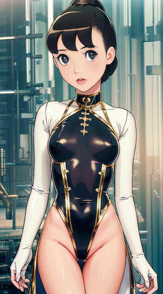 Girl in gold body jewelry, Highly Detailed Face and Skin Textur,, juicy lips, bimbo lips, white skinned, ( brunette hair), paleskin, Detailed eyes, double eyelid, brunette hair, , metalcollar, Metallic gold futuristic Miklo panties T-line, metal panties, Metal Micro good, metal clothes, Gold jewelry,wetted skin。White skin of the,futuristic cyberpunk white-black room