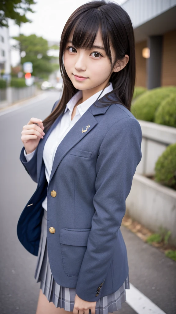 Japanese、18-year-old、high school girl、Navy blue blazer uniform、Grey pleated mile、