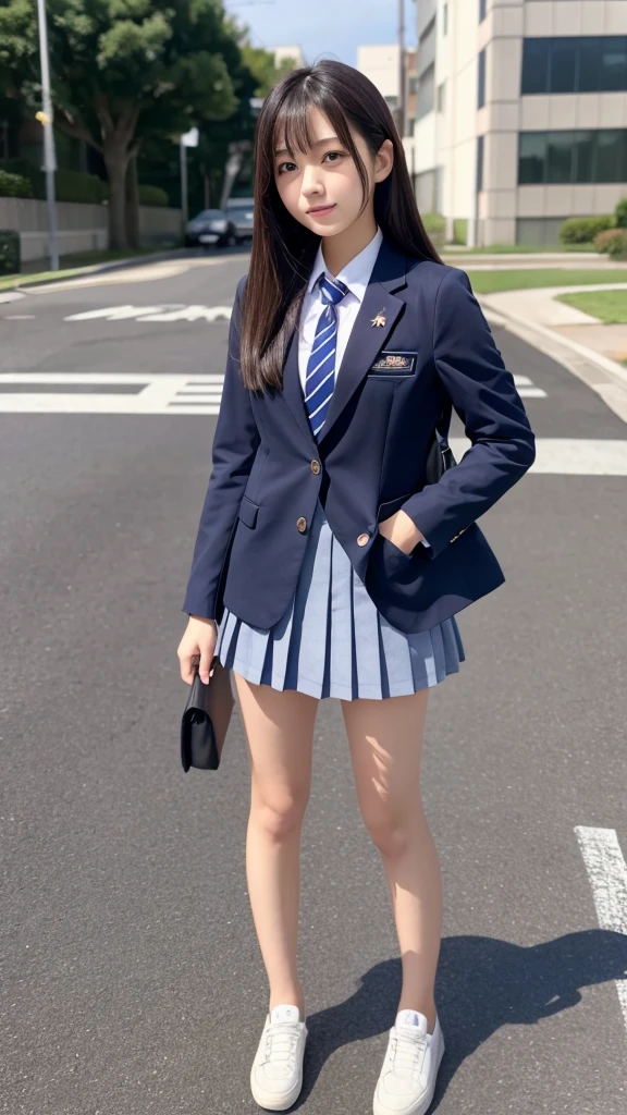 Japanese、18-year-old、high school girl、Navy blue blazer uniform、Grey pleated mile、