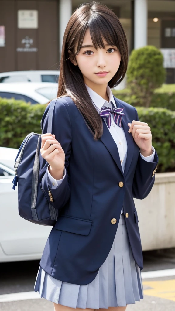 Japanese、18-year-old、high school girl、Navy blue blazer uniform、Grey pleated mile、