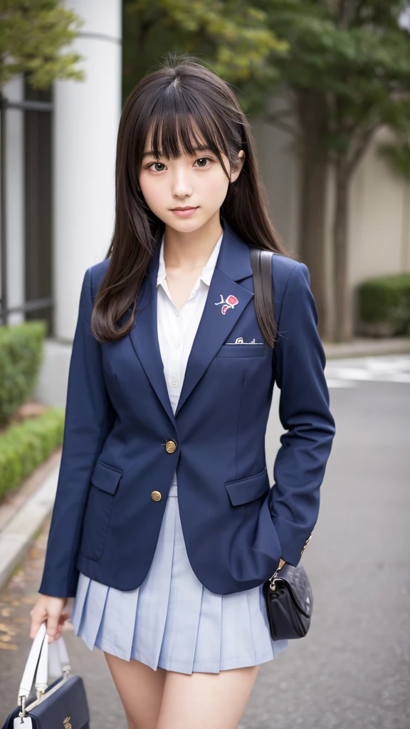 Japanese、18-year-old、high school girl、Navy blue blazer uniform、Grey pleated mile、