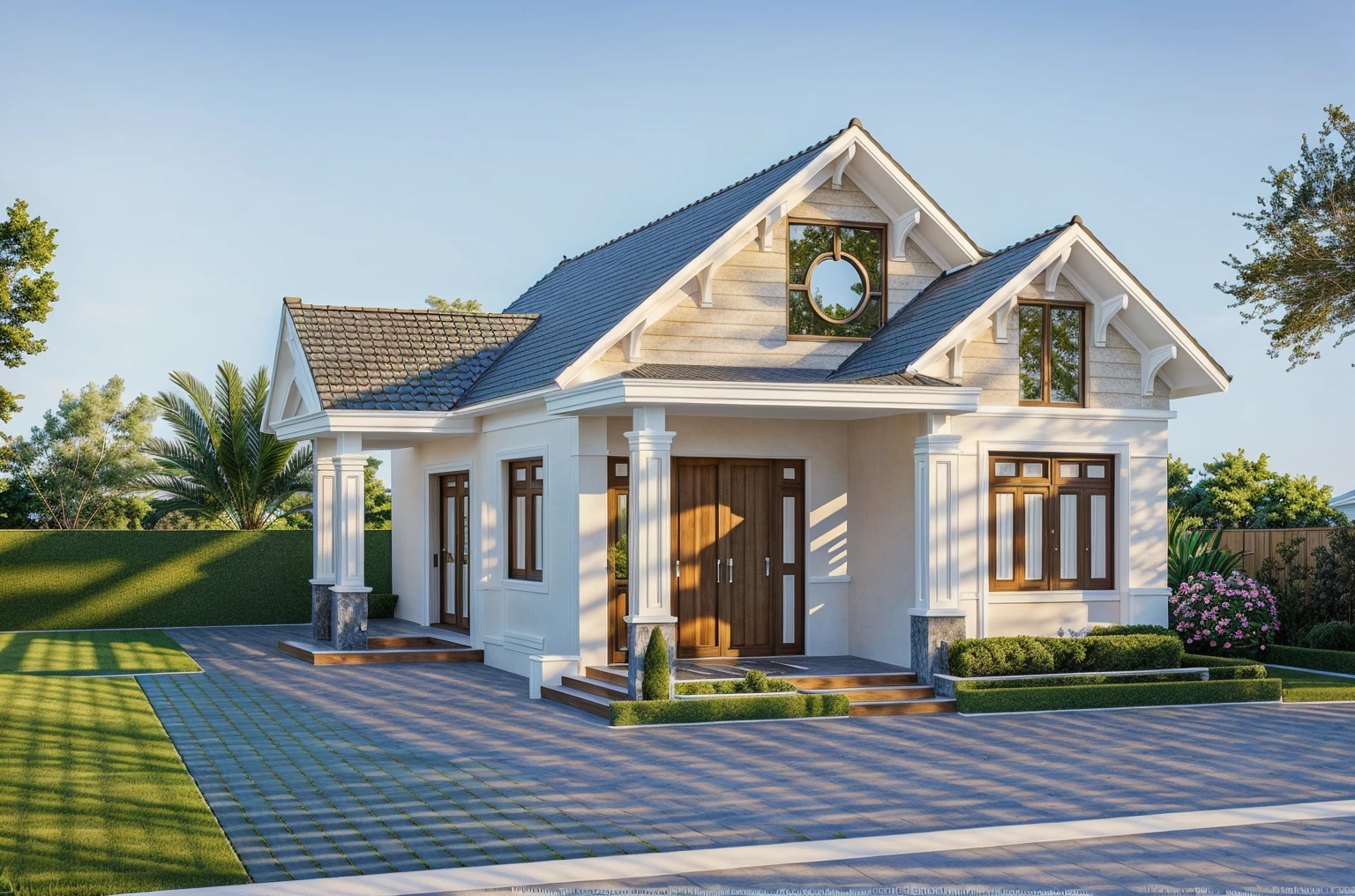 1 maison de style néoclassique, La maison de ville est faite de murs blancs, belle lumière, journée de beauté, ensoleillé, Beaucoup de bougainvilliers rouges le long de la route:1.3, belle sensation de jeunesse :1.2, soleil à midi, Très belles ombres