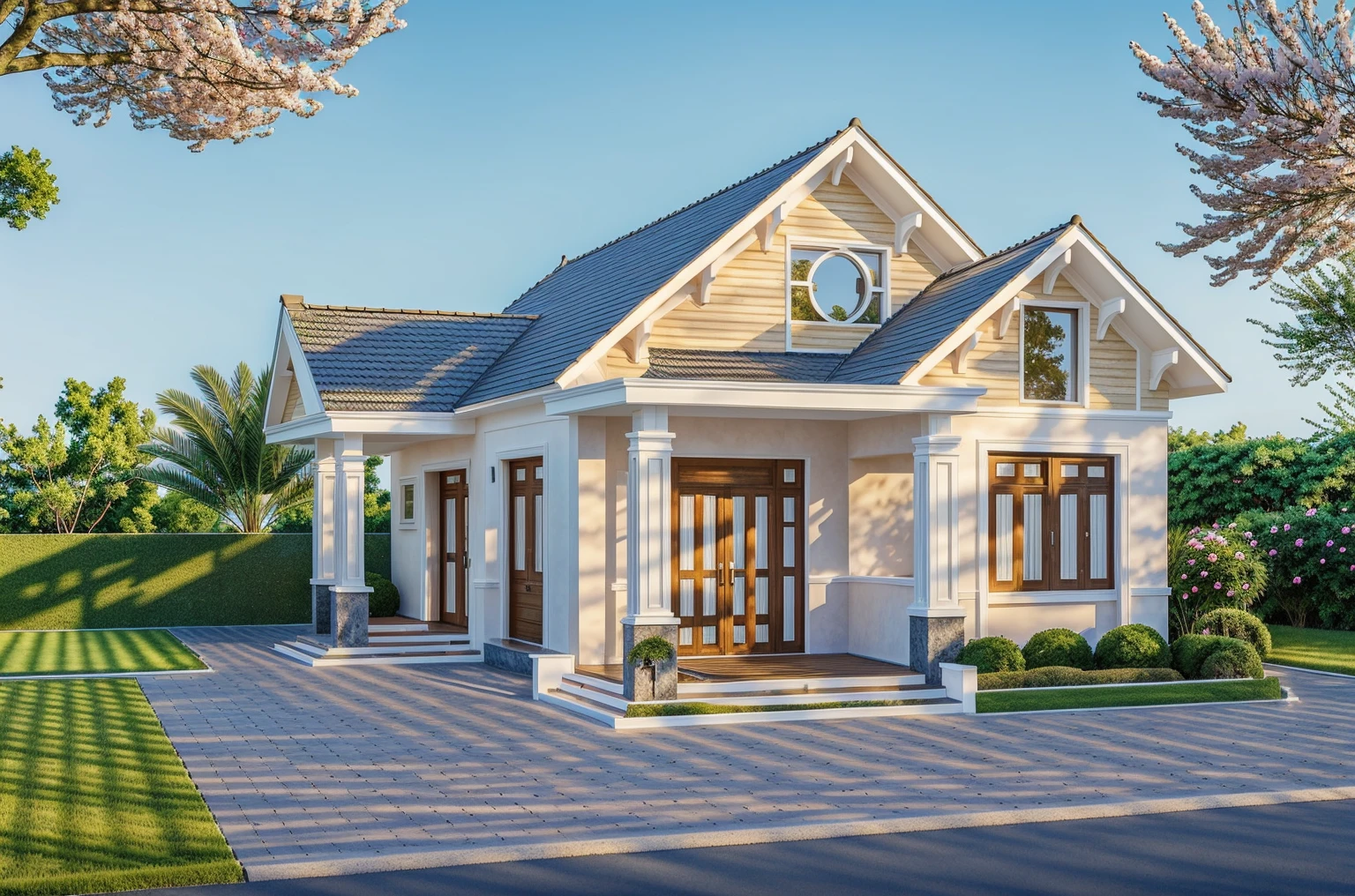 1 maison de style néoclassique, La maison de ville est faite de murs blancs, belle lumière, journée de beauté, ensoleillé, Beaucoup de bougainvilliers rouges le long de la route:1.3, belle sensation de jeunesse :1.2, soleil à midi, Très belles ombres