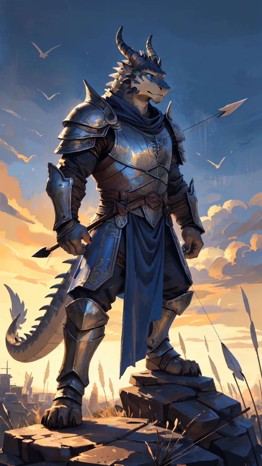 ((middle Ages:1.3,Range background:1.5)),Royal Family:1.2,((Holding a bow and arrow:1.5)),((sunny:1.4)),high resolution,4K,(((9:16 Whole body:1.1,Strike a pose:1.5))),masterpiece,high quality,((Dragon Archer)),male,龙Furry,(teenager:1.3),hairy,((Heroic and Calm:1.4)),(((Slender face:1.2,Lean:1.2,Long legs:1.3,Thick 龙 tail:1.2))),(((Gray head:1.2,Blue pupils:1.2,neck:1.3,Gray Hands:1.4,muscle:1.3))),(((White Armor:1.3,There is a blue flag on the armor:1.4))),Exquisite eyes,Detailed body,Detailed hands,Detailed feet,Kenket's Art