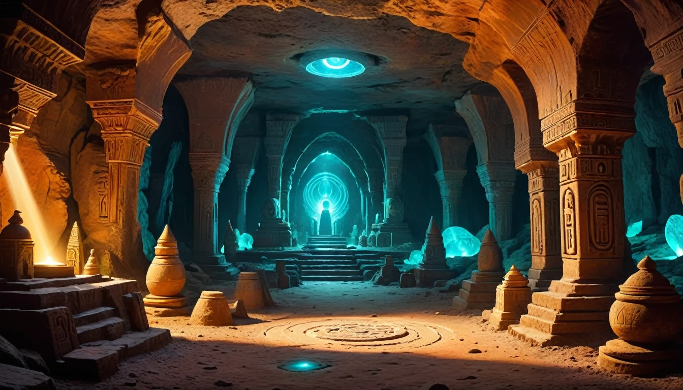 fantasy underground cave, alien civilization ruins, mysterious tomb, metallic sarcophagus, treasure, glowing coins, terracotta figurines, artifacts, antiques, extraterrestrial glyph totem, futuristic technology, eerie magical powers, unknown cosmic energy