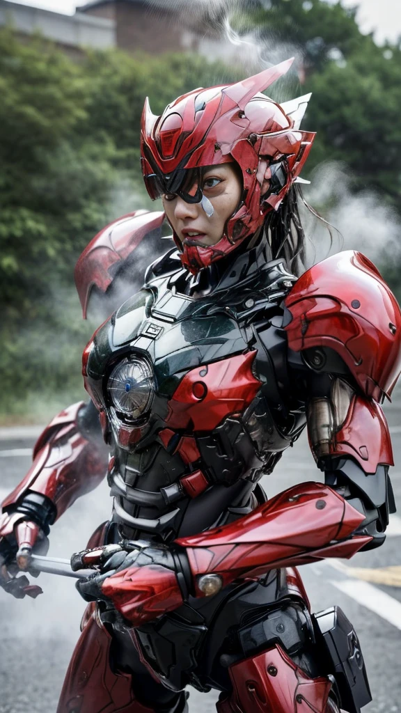 Rough skin, Very detailed, Advanced Details, high quality, 最high quality, High resolution, 1080P 、、Red Armor、Wearing red and black、cute((During a break))(破損したwoman用ロボットスーツを着用...)(Red Armor)(Broken Armor)Black Hair、、Soaking wet、Soaked Face　Put the headgear aside　Beautiful Face、Hot look　knock down、よだれing from the mouth、woman　(Steam coming out of the face) ((Steam from the body)) 　Filming location　I can see the vagina　To be released　look up　Remove head gear　